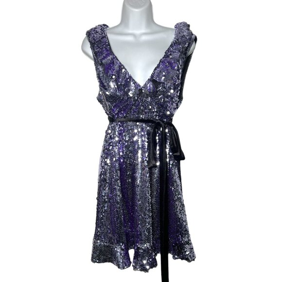 Free People Siren Sequin Mini Dress Purple Silver Ruffle Velvet Trim Party Sz 6 - Picture 7 of 16